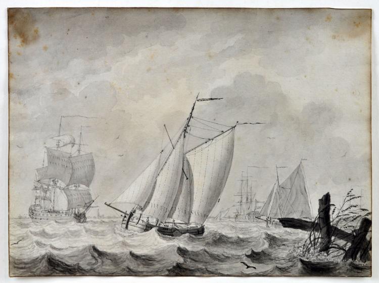 Drawing on paper of boats in the harbor - Cornelis Thim