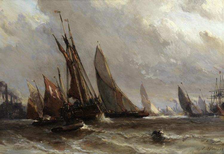 A busy harbour scene - Eugene Isabey