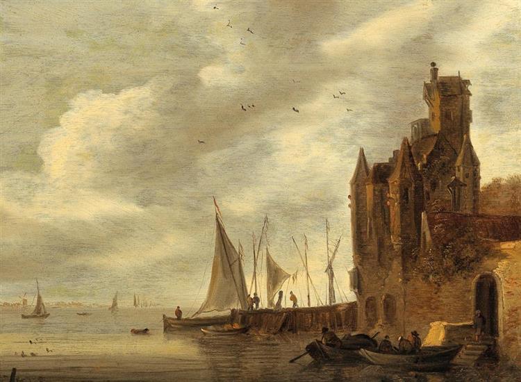 A river landscape with fishing boats near a fortification - Frans de Hulst