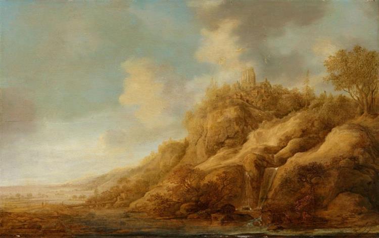 River Landscape with a Tall Rock Formation - Frans de Hulst