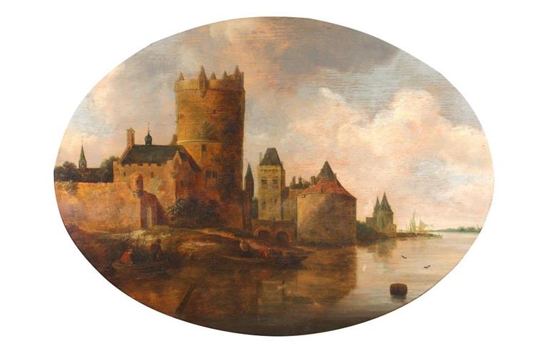 River landscape with a castle and fishing boats - Frans de Hulst