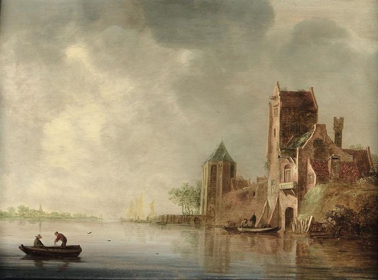 Paesaggio fluviale con castello e pescatori - Frans de Hulst