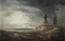 A dune landscape with windmills - Georges Michel