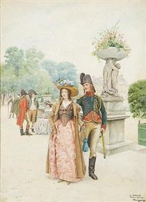 Couple se promenant dans le jardin du Luxembourg à Paris - Gustave Bourgain