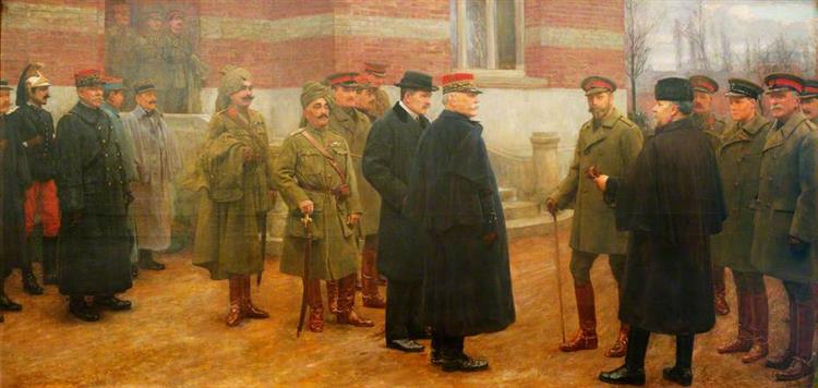 Merville, 1 December 1914, the Meeting of George V and President Poincaré of France at the British Headquarters at Merville, France, on 1 December 1914 - Herbert Arnould Olivier
