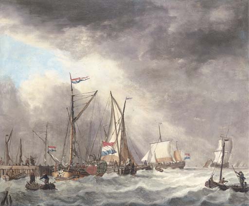 A harbor scene with ships in stormy waters - Jan Verbruggen