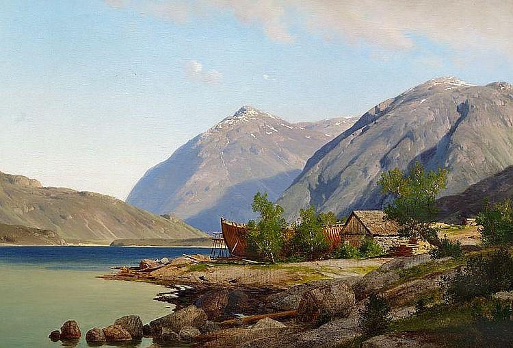 View of a Norwegian fiord with a small boatyard - Johan Fredrik Eckersberg