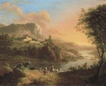 An extensive river landscape with peasants and horsemen on a path, a walled palace beyond - Johann Christian Vollerdt