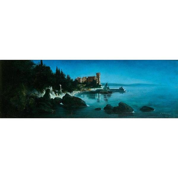 Vue de la côte adriatique avec le château de Miramar (fond de trait gravé pour le château) - Karl Wilhelm Diefenbach