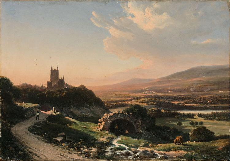 Effet de lumière sur une vallée surmontée d'un édifice gothique - Louis Daguerre