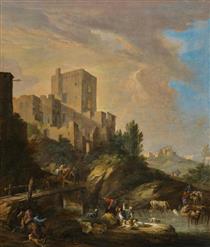 An Italianate landscape with a castle on a hill, and figures with animals in the water and crossing a bridge in the foreground - Luca Carlevaris