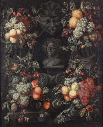 A garland of fruit surrounding a bust of Bacchus in a stone niche - Marie Tassaert