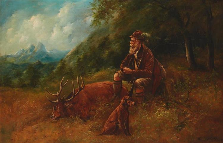 Hunter with dog and elk - Maurice Dupuis