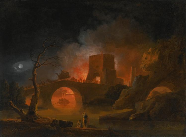 A moonlit river landscape with figures fleeing a burning city - Pierre-Jacques-Antoine Volaire