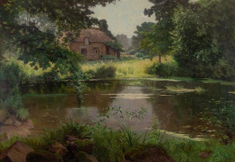Cottage by a pond in Auvray Forest, Normandy - Rene Charles Edmond His