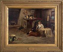 Young Girl Feeding Two Dogs from a Cradle - Robert Henry Roe