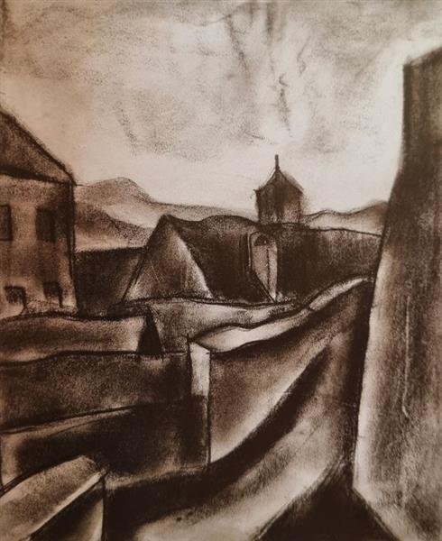 Vajda Lajos Roofs of Szentendre 1928, Charcoal on Paper, 274x227mm, 1928 - Лайош Вайда