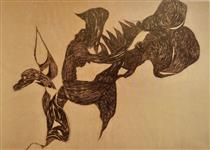 Vajda Lajos Dragon Clash 1940, Charcoal on Paper, 90x126cm - Лайош Вайда