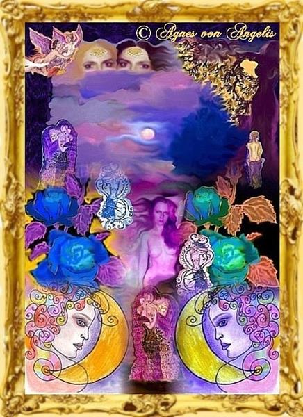 Romantische Nacht mit der Epiphanie der Juno Juventas in lila Aura zwischen blauen Rosen, mit symmetrischer Dualität der Luna und den Archetypen der Liebenden, mit dem Augenlicht der Hemera (Tages) und der Nyx (Nacht), mit Musen des Relaxens und mit Engelkraft. (d.) ;  Romantic night with the epiphany of Juno Juventas in a purple aura between blue roses, with the symmetrical duality of Luna and the archetypes of lovers, with the eyesight of Hemera (day) and Nyx (night), with muses of relaxation and with angelic power. (eng.), c.2022 - Agnes von Angelis