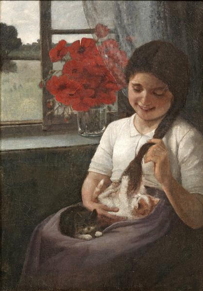 Girl in the playing with two kittens, c.1903 - Carl von Bergen