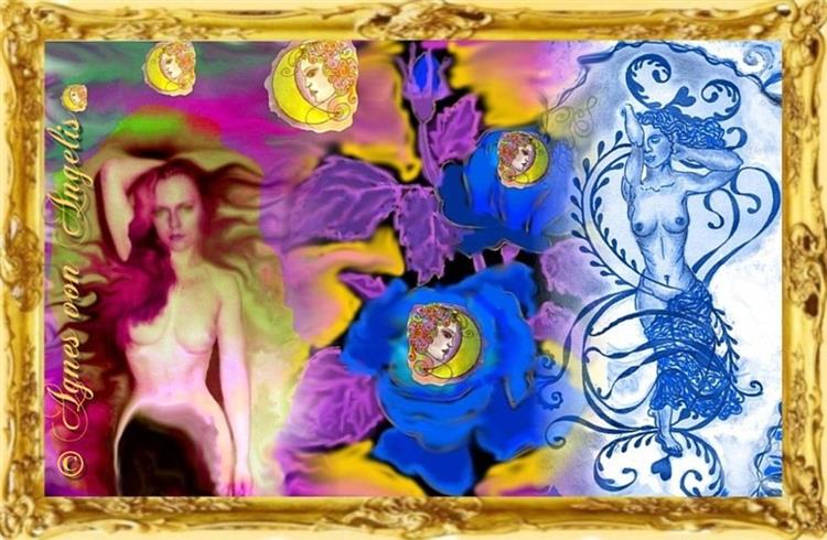 Juno Juventas mit blauen Rosen, mit der Muse des Relaxens und dem Symbol der Luna als Quintett. (d.) ;  Juno Juventas with blue roses, with Galatea as the muse of relaxation and the symbol of Luna as a quintet. (eng.), c.2014 - Agnes von Angelis