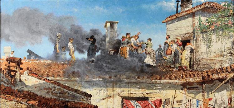 Fire at the chimney, c.1882 - Анджело Далль’Ока Бьянка