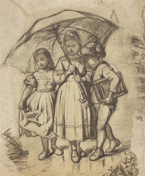 Study for Children under a red umbrella, 1863 - 1865 - Henry Mosler