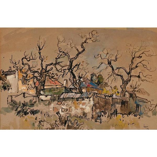 Cottages and Gnarled Trees - DinksFãStan Private Collection, 1954 - Gregoire Boonzaier