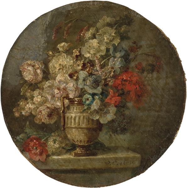 Bouquet of Roses, Poppies and Carnations in a Vase on a Ledge - Anne Vallayer-Coster