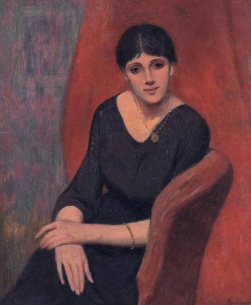 The woman in black on a red background, 1914 - Федерико Дзандоменеги