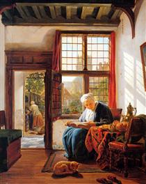 Reading old woman at window - Abraham van Strij