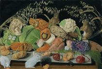 Still life with vegetables, mice and rabbits - Adolf Dietrich