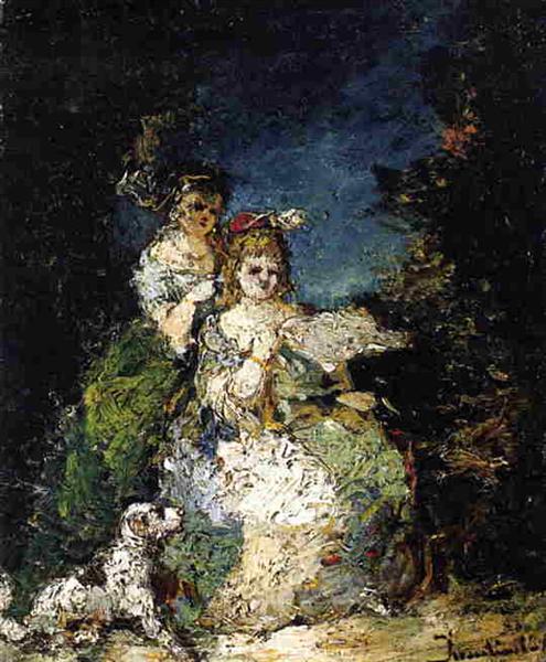 Young Girls and Dog in a Park - Adolphe Monticelli