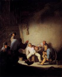 Peasants Drinking and Making Music in a Barn - Адриан ван Остаде