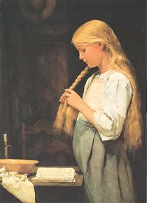 Girl Braiding Her Hair - Albrecht Anker