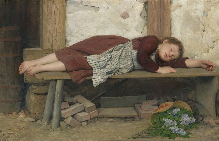 Sleeping girl on a wooden bench - Альберт Анкер
