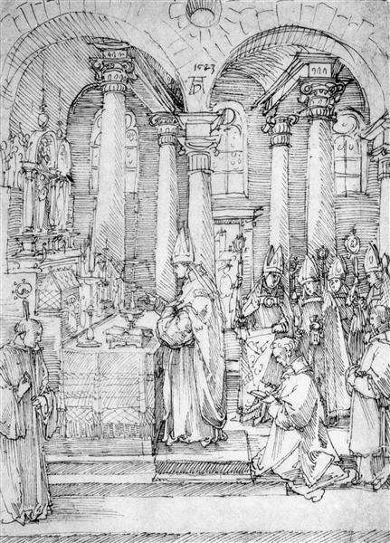 Mass of Cardinal Albrecht of Brandenburg in the Abbey Church Hall, 1523 - Альбрехт Дюрер