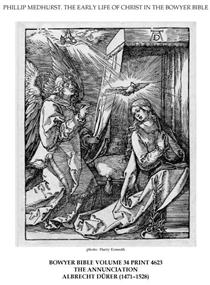 On the left the archangel Gabriel approach the praying Virgin Mary in her bedchamber - Альбрехт Дюрер