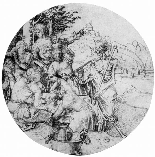 Scheibenriß Tafelnde society and death, c.1500 - Alberto Durero