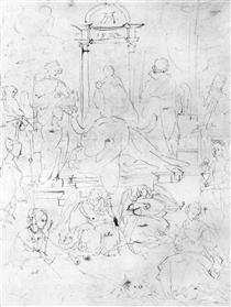 Studies on a great "picture of the Virgin"   Madonna and Child, saints and angels playing - Альбрехт Дюрер