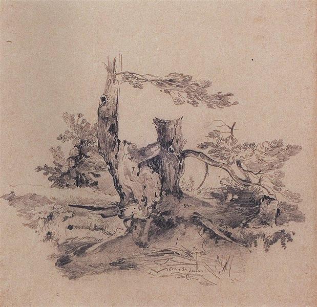 Pines, adjacent to the root of the barrel, 1854 - Aleksey Savrasov