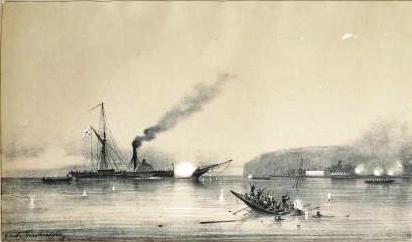 Steamship Kolkhida fighting the Turkish boats at the St. Nicholas Fort near Poti, Georgia during the Crimean War in 1853, 1854 - Alexei Petrowitsch Bogoljubow