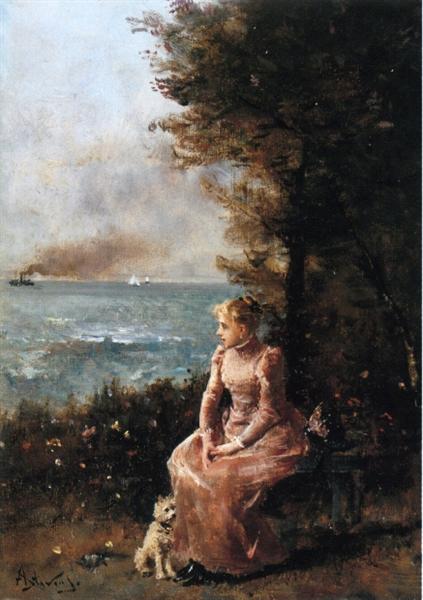 A Young Girl Seated by a Tree - Альфред Стевенс