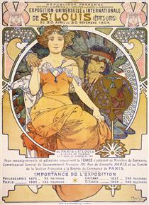 Art nouveau color lithograph poster showing a seated woman clasping the hand of a Native American - Alfons Mucha