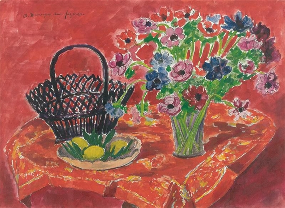 Vase d'anemones, citrons et panier sur la table - Andre Dunoyer de Segonzac
