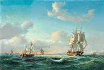 The sailing ship ‚Johanna‘ and other vessels in Sundet off Kronborg Castle - Anton Melbye