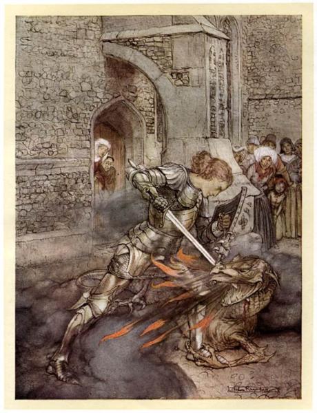 Lancelot fights against a dragon at the Castle of Corbin - 亞瑟·拉克姆