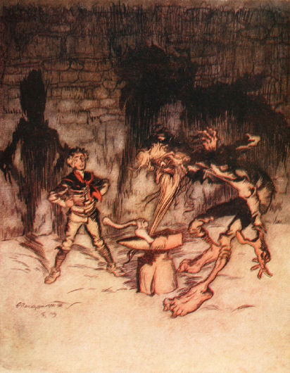 Then the Youth took the axe and split the anvil with one blow, catching in the Old Man’s beard at the same time - Arthur Rackham