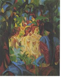 Bathing girls with town in the backgraund - August Macke