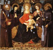 Madonna and Child Enthroned Among St. Benedict, St. Scholastica, St. Ursula and St. John Gualberto - Беноццо Гоццолі